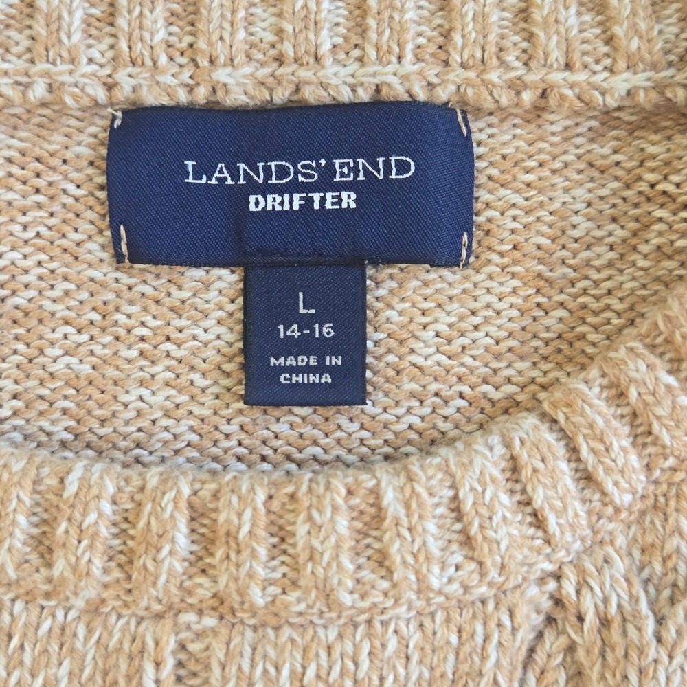 Lands End Drifter Sweater Girl Large 14-16 Tan Cable Knit Cotton Raglan Crewneck - Picture 4 of 7